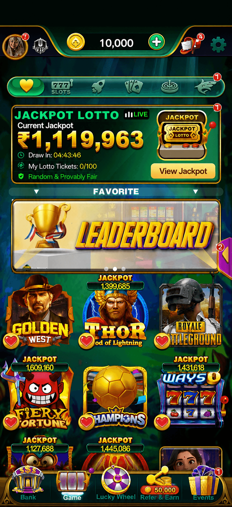Yono Game app home screen showing jackpot lotto, favourite games and the ₹10,000 welcome bonus