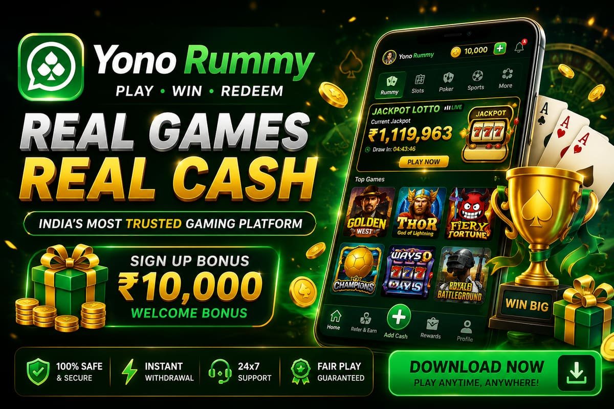 Yono Game official banner — real games, real cash, download the latest Yono APK and claim a ₹10,000 welcome bonus