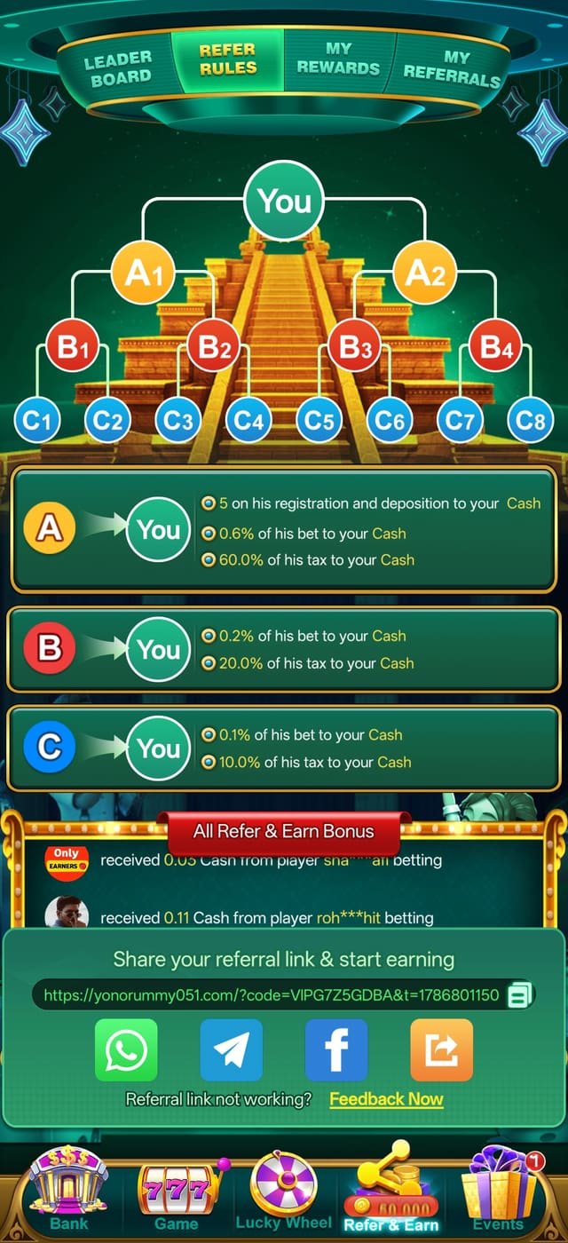 Yono Game app refer and earn programme with referral tree