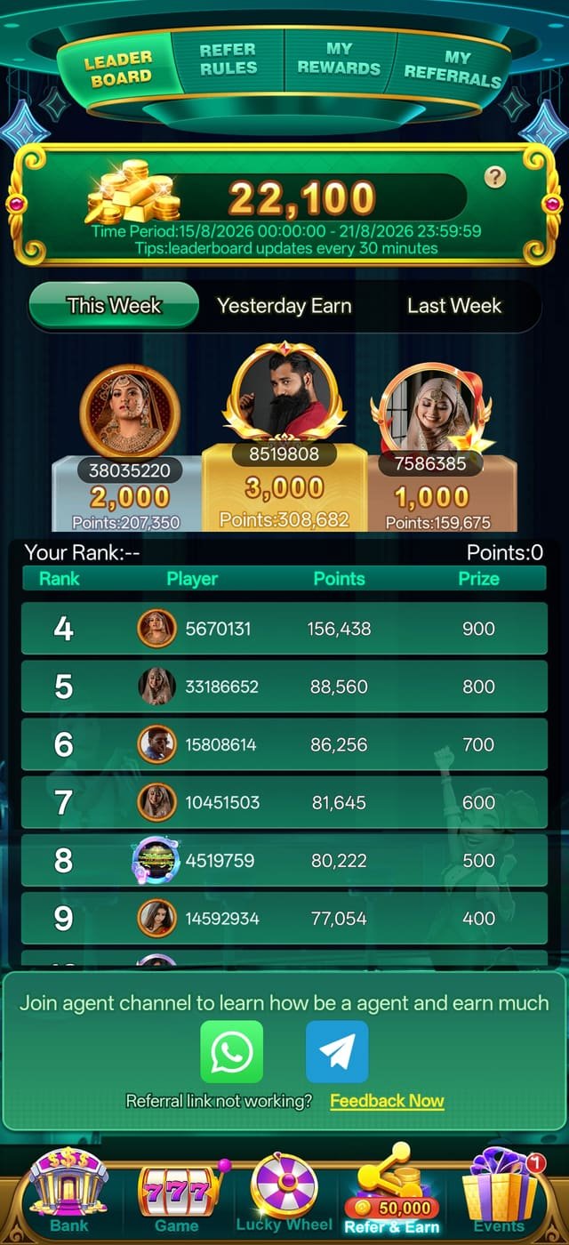 Yono Game app weekly leaderboard and player rankings